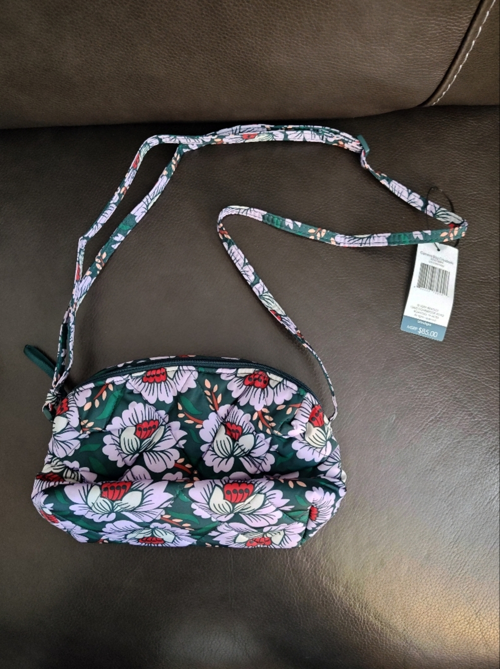 Vera Bradley Floral Camera Bag Crossbody Bag - Green with Pink Flower Print